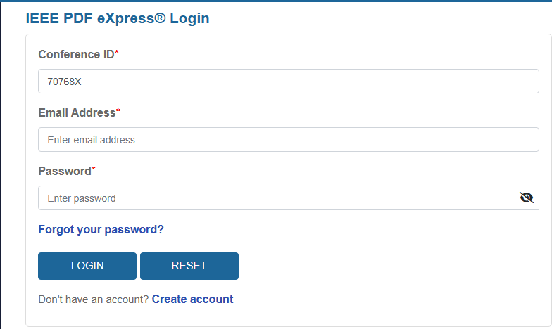 IEEE PDF eXpress login page showing Conference ID field with 70768X